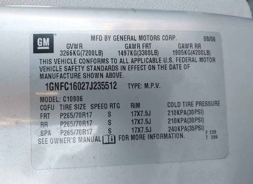 Photo 9 of 2007 Chevrolet Suburban 1500 LT (VIN 1GNFC16027J235512)