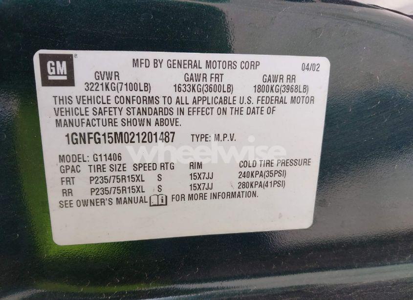 Photo 9 of 2002 Chevrolet Express (VIN 1GNFG15M021201487)