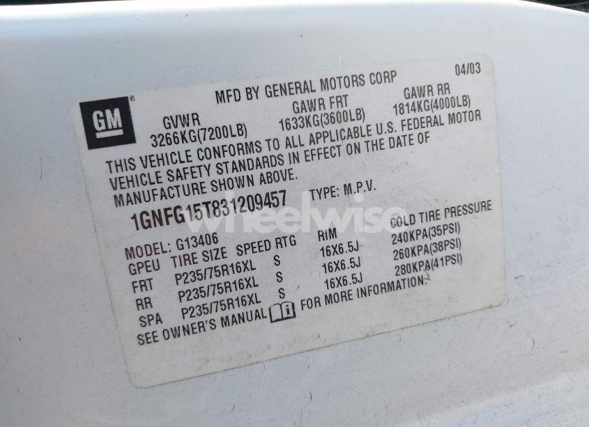 Photo 9 of 2003 Chevrolet Express (VIN 1GNFG15T831209457)