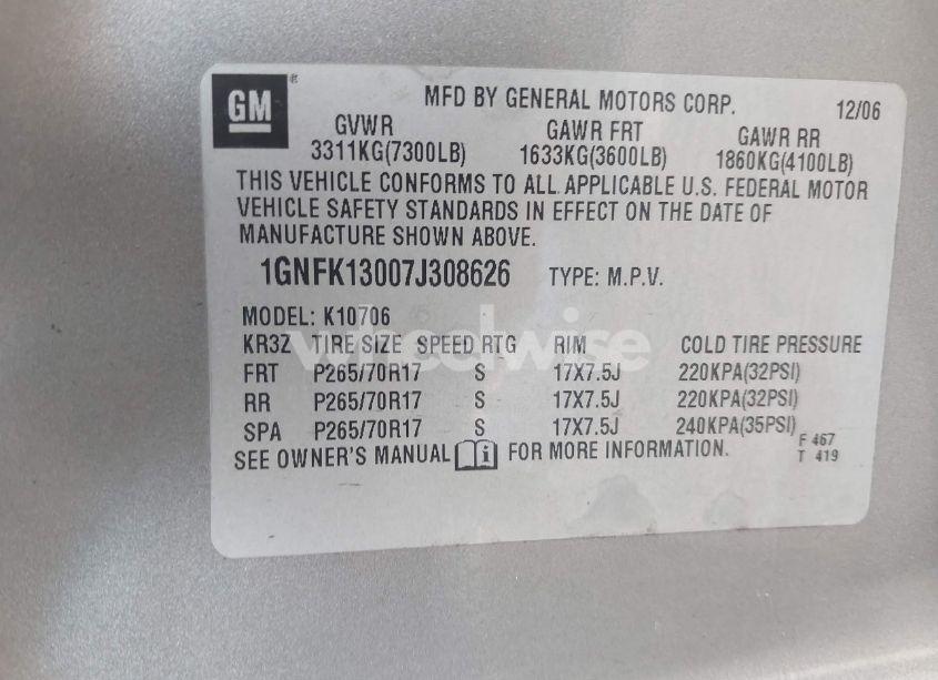 Photo 9 of 2007 Chevrolet Tahoe LT (VIN 1GNFK13007J308626)