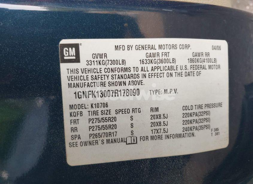 Photo 9 of 2007 Chevrolet Tahoe LTZ (VIN 1GNFK13007R178090)