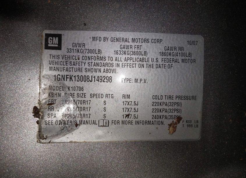 Photo 9 of 2008 Chevrolet Tahoe LT (VIN 1GNFK13008J149298)