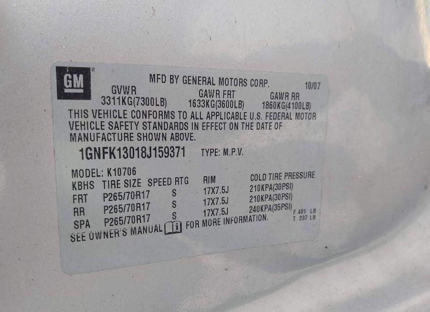 Photo 9 of 2008 Chevrolet Tahoe LS (VIN 1GNFK13018J159371)