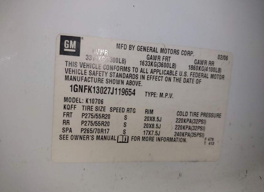 Photo 9 of 2007 Chevrolet Tahoe LT (VIN 1GNFK13027J119654)