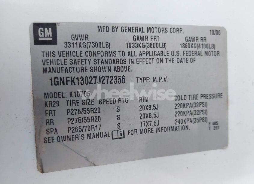 Photo 9 of 2007 Chevrolet Tahoe LT (VIN 1GNFK13027J272356)