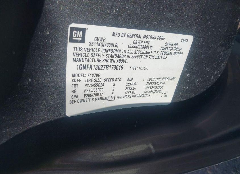 Photo 9 of 2007 Chevrolet Tahoe LTZ (VIN 1GNFK13027R173618)