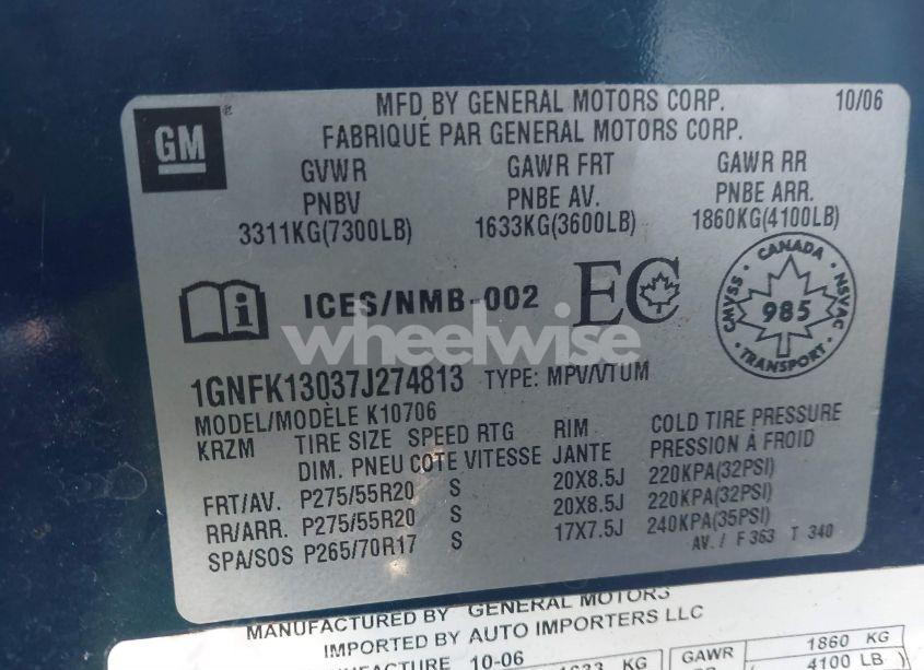 Photo 9 of 2007 Chevrolet Tahoe LS/LT/LTZ (VIN 1GNFK13037J274813)