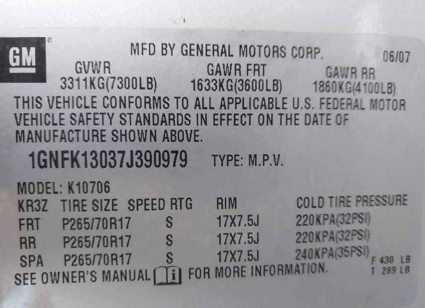 Photo 9 of 2007 Chevrolet Tahoe LT (VIN 1GNFK13037J390979)