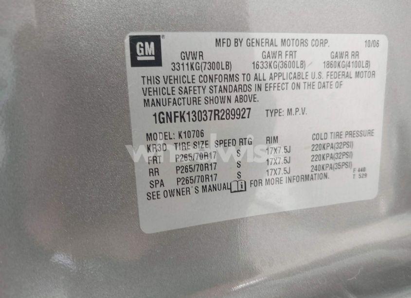 Photo 9 of 2007 Chevrolet Tahoe LT (VIN 1GNFK13037R289927)