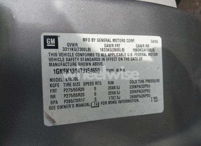 Photo 9 of 2007 Chevrolet Tahoe LTZ (VIN 1GNFK13047J154650)