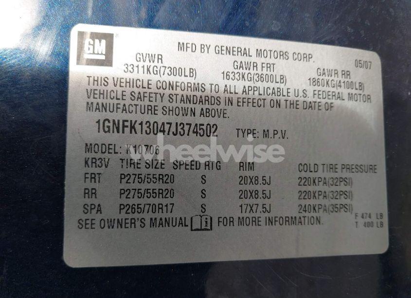 Photo 9 of 2007 Chevrolet Tahoe LTZ (VIN 1GNFK13047J374502)
