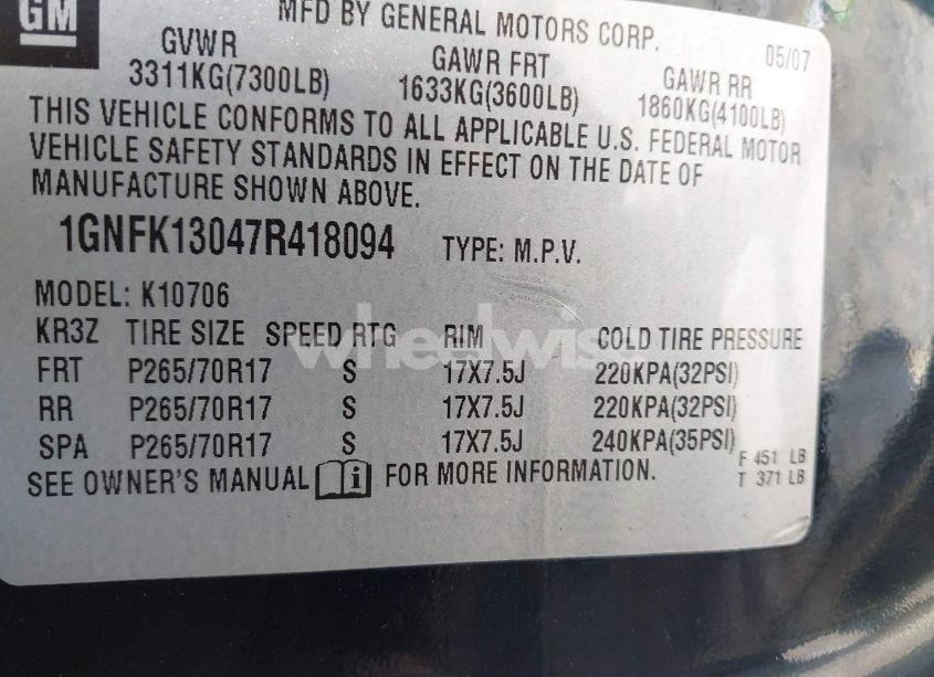 Photo 9 of 2007 Chevrolet Tahoe LT (VIN 1GNFK13047R418094)