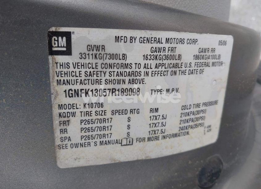 Photo 9 of 2007 Chevrolet Tahoe LT (VIN 1GNFK13057R189098)