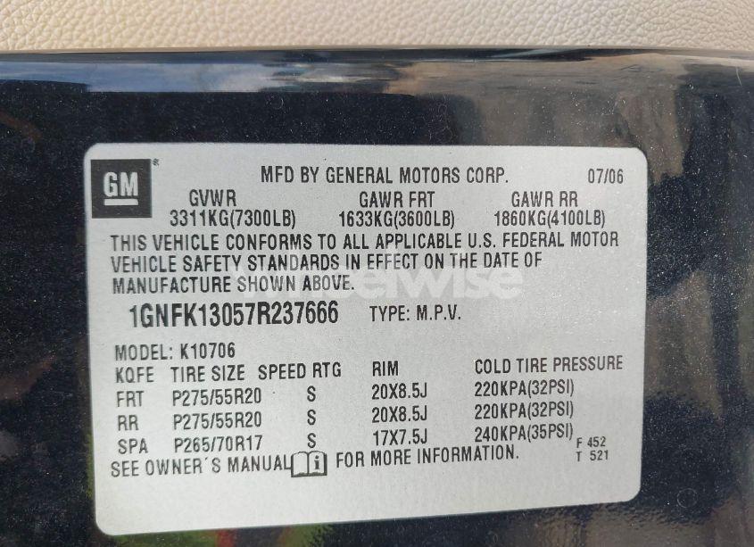 Photo 9 of 2007 Chevrolet Tahoe LTZ (VIN 1GNFK13057R237666)