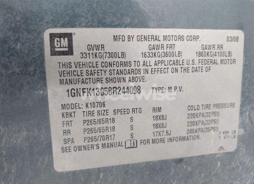 Photo 9 of 2008 Chevrolet Tahoe LT (VIN 1GNFK13058R244098)