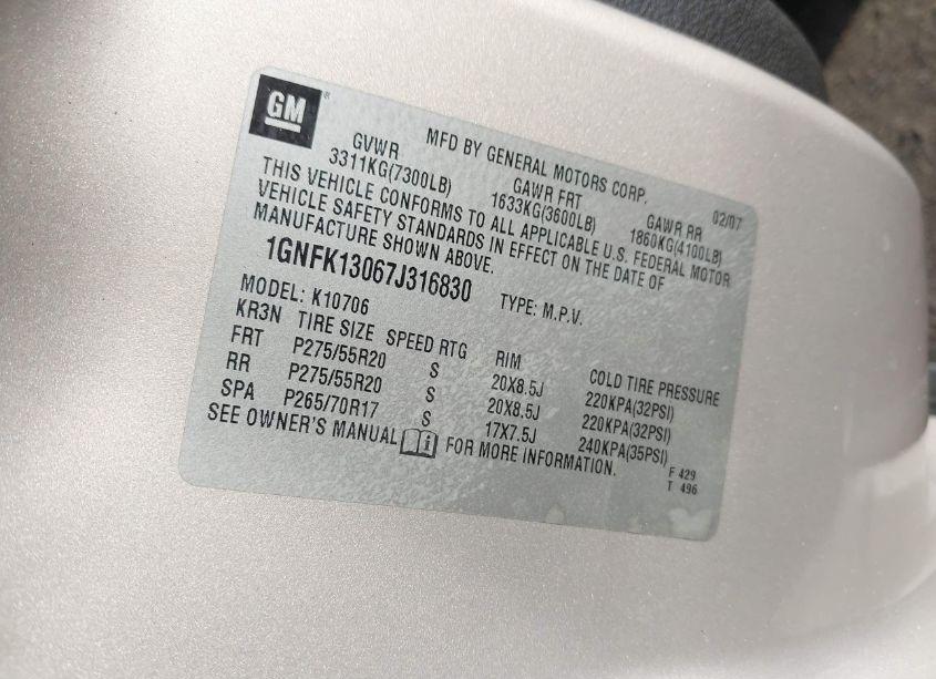 Photo 9 of 2007 Chevrolet Tahoe LTZ (VIN 1GNFK13067J316830)