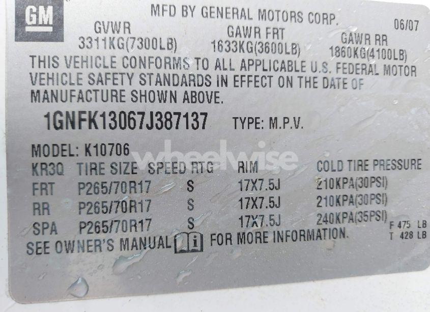 Photo 9 of 2007 Chevrolet Tahoe LT (VIN 1GNFK13067J387137)