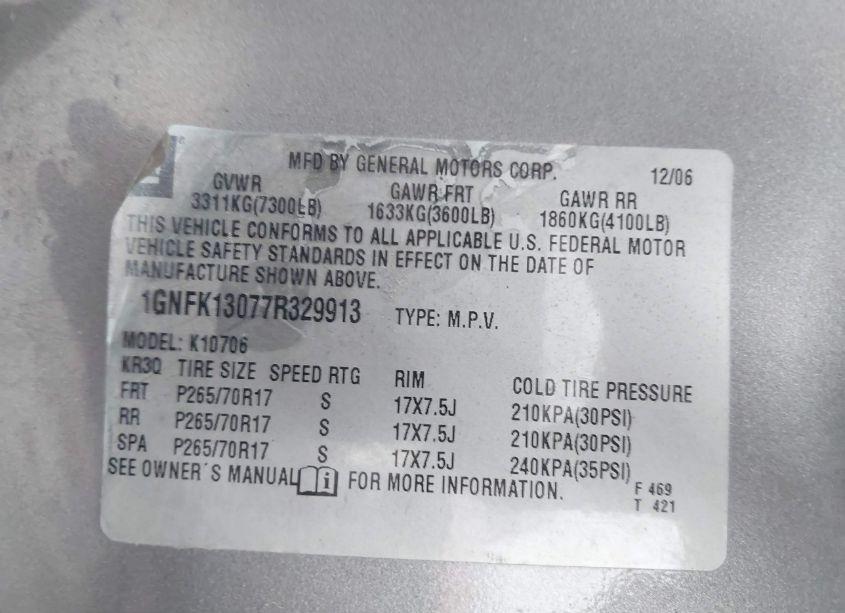 Photo 9 of 2007 Chevrolet Tahoe LT (VIN 1GNFK13077R329913)