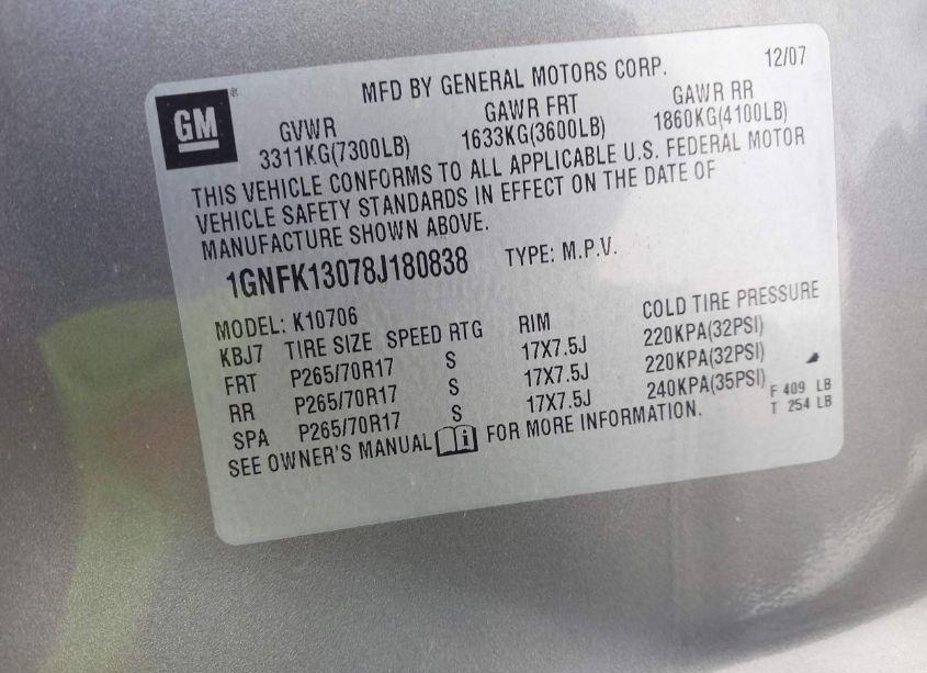 Photo 9 of 2008 Chevrolet Tahoe LS (VIN 1GNFK13078J180838)