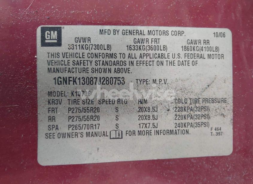 Photo 9 of 2007 Chevrolet Tahoe K1500 (VIN 1GNFK13087J280753)