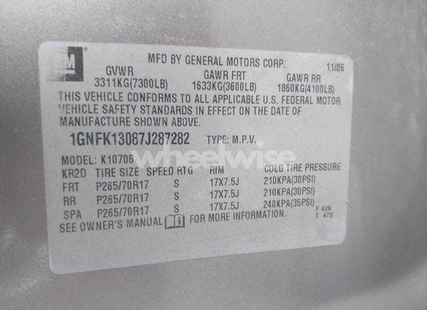 Photo 9 of 2007 Chevrolet Tahoe LT (VIN 1GNFK13087J287282)