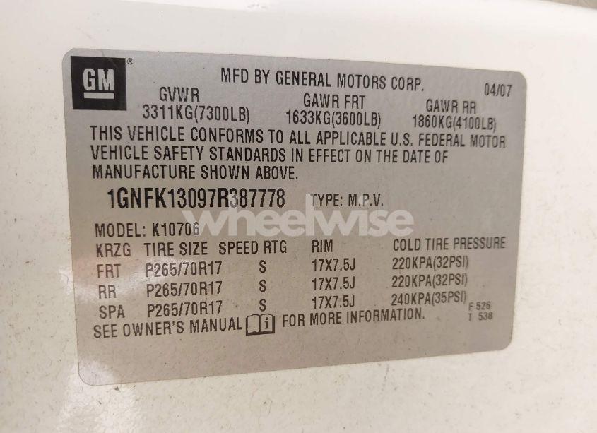 Photo 9 of 2007 Chevrolet Tahoe LT (VIN 1GNFK13097R387778)