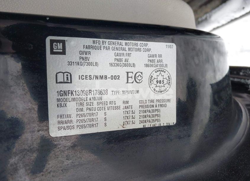 Photo 9 of 2008 Chevrolet Tahoe LS/LT/LTZ (VIN 1GNFK13098R178638)