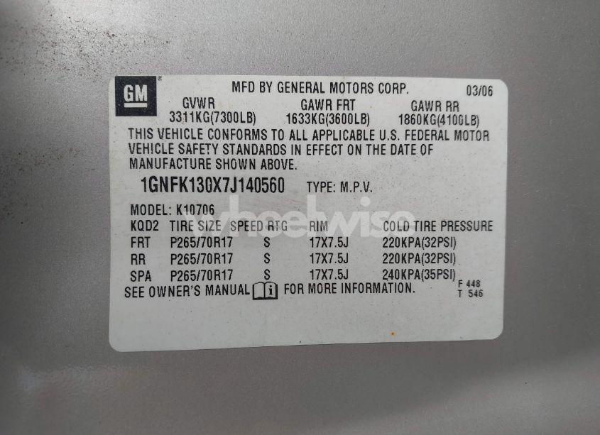 Photo 9 of 2007 Chevrolet Tahoe LT (VIN 1GNFK130X7J140560)