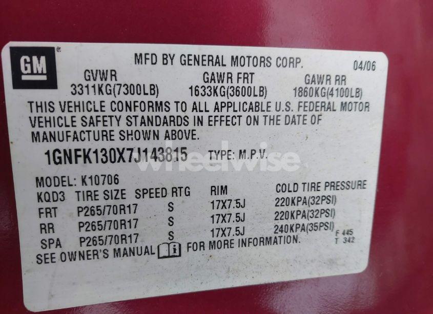 Photo 9 of 2007 Chevrolet Tahoe LT (VIN 1GNFK130X7J143815)