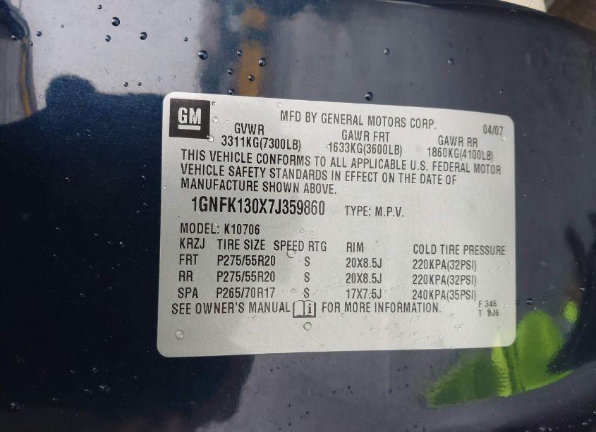 Photo 9 of 2007 Chevrolet Tahoe LT (VIN 1GNFK130X7J359860)