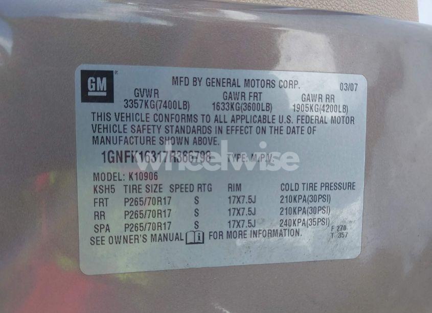 Photo 9 of 2007 Chevrolet Suburban 1500 LT (VIN 1GNFK16317R366798)