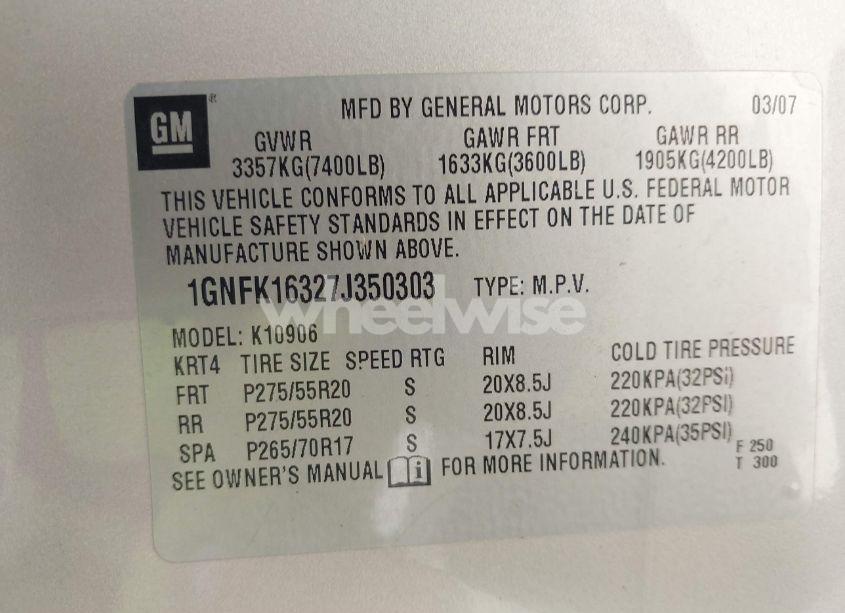 Photo 9 of 2007 Chevrolet Suburban 1500 LT (VIN 1GNFK16327J350303)