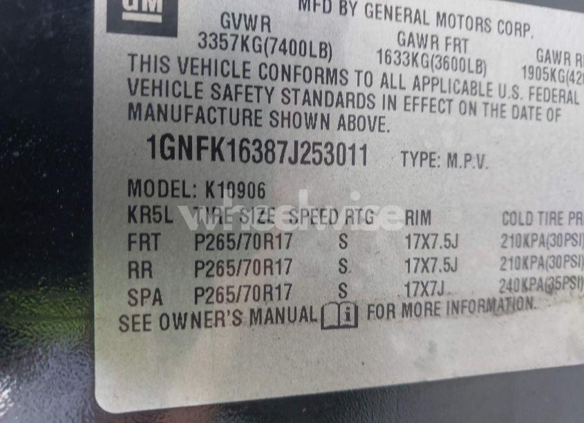 Photo 9 of 2007 Chevrolet Suburban 1500 LT (VIN 1GNFK16387J253011)