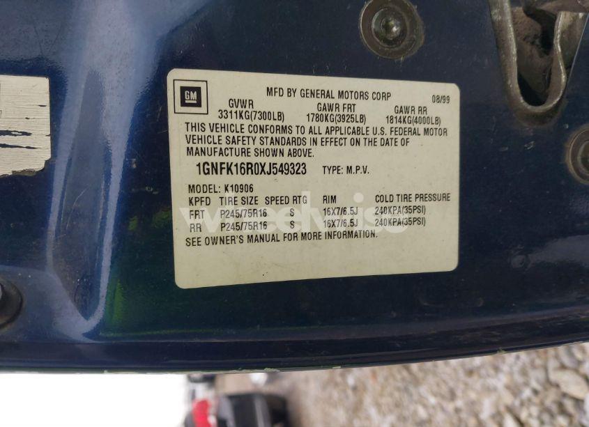 Photo 9 of 1999 Chevrolet Suburban 1500 LT (VIN 1GNFK16R0XJ549323)