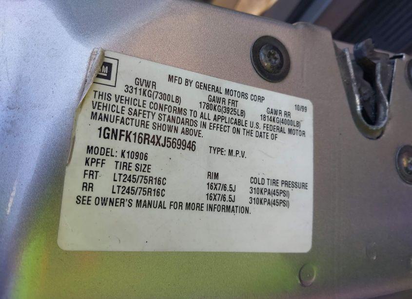 Photo 9 of 1999 Chevrolet Suburban 1500 LT (VIN 1GNFK16R4XJ569946)