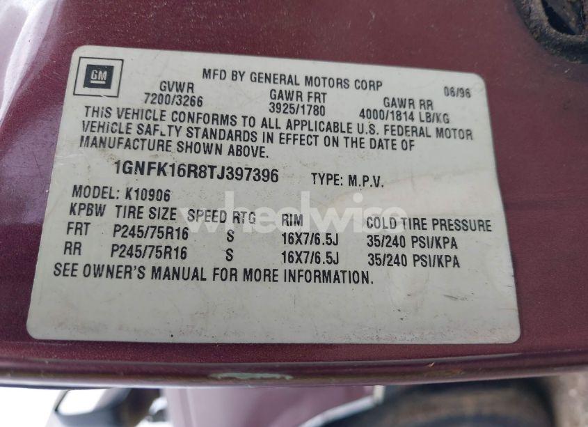 Photo 9 of 1996 Chevrolet Suburban K1500 (VIN 1GNFK16R8TJ397396)