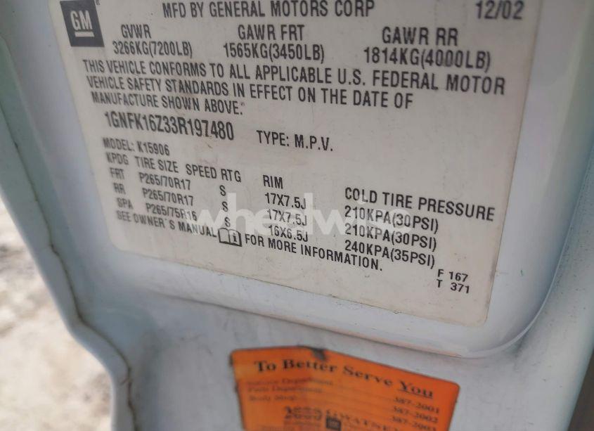 Photo 9 of 2003 Chevrolet Suburban 1500 Z71 (VIN 1GNFK16Z33R197480)