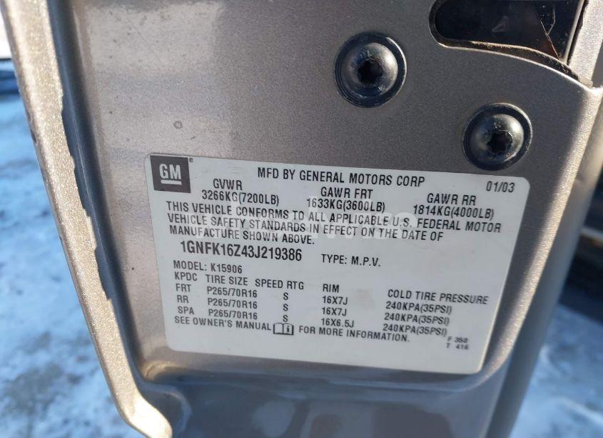 Photo 9 of 2003 Chevrolet Suburban 1500 LS (VIN 1GNFK16Z43J219386)