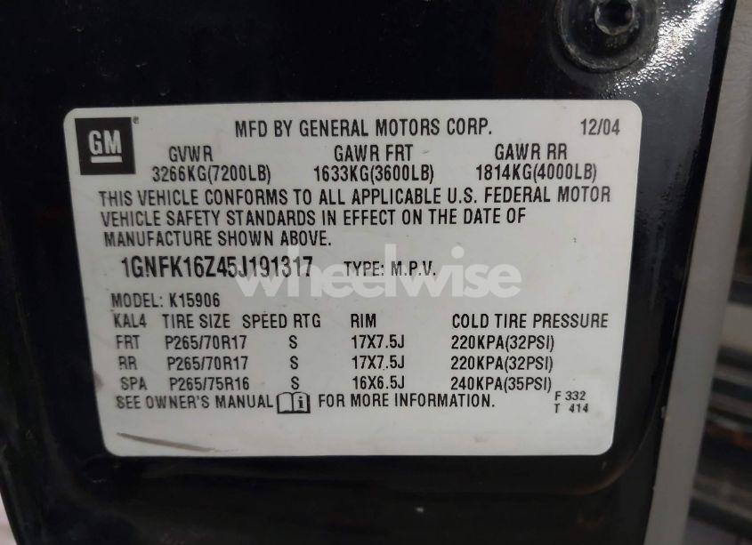 Photo 9 of 2005 Chevrolet Suburban 1500 LT (VIN 1GNFK16Z45J191317)