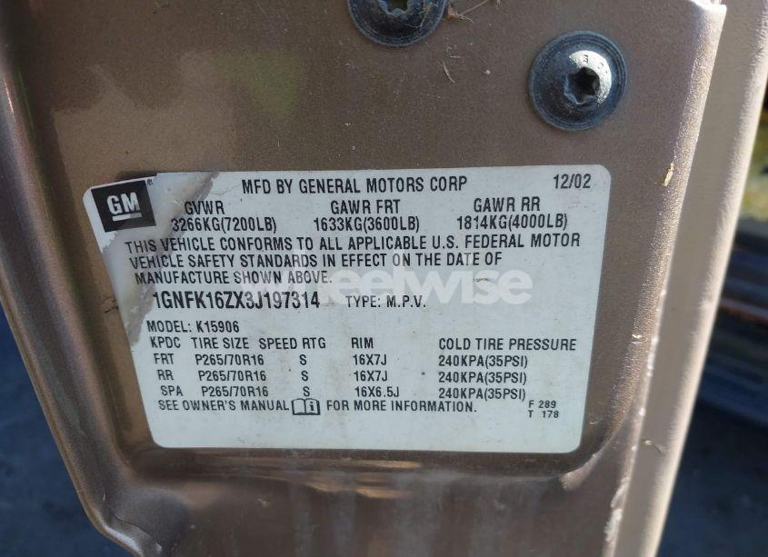 Photo 9 of 2003 Chevrolet Suburban 1500 LS (VIN 1GNFK16ZX3J197314)