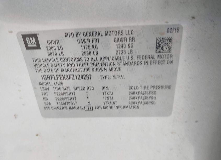 Photo 9 of 2015 Chevrolet Equinox 1LT (VIN 1GNFLFEK3FZ124287)