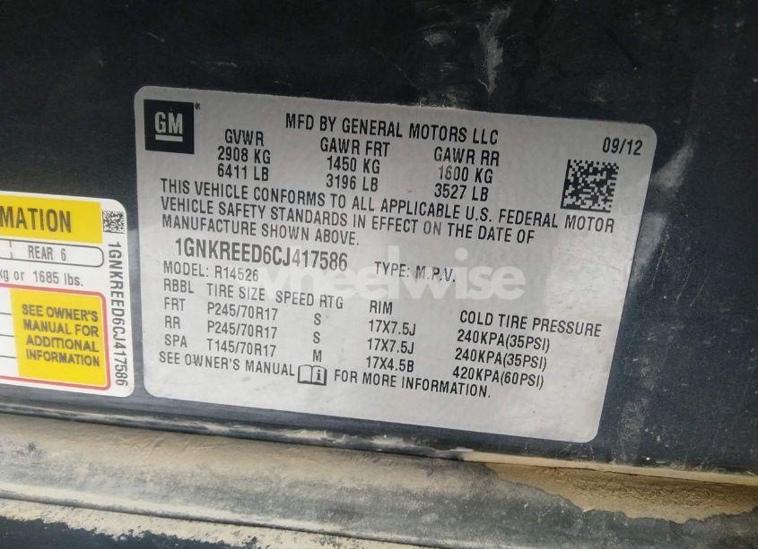 Photo 9 of 2012 Chevrolet Traverse LS (VIN 1GNKREED6CJ417586)