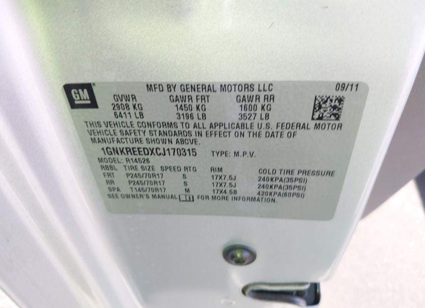 Photo 9 of 2012 Chevrolet Traverse LS (VIN 1GNKREEDXCJ170315)