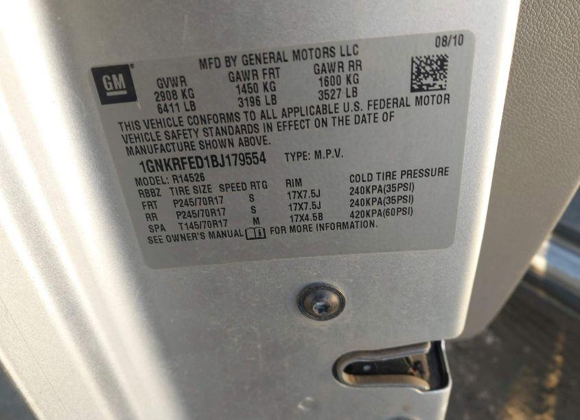 Photo 9 of 2011 Chevrolet Traverse LS (VIN 1GNKRFED1BJ179554)