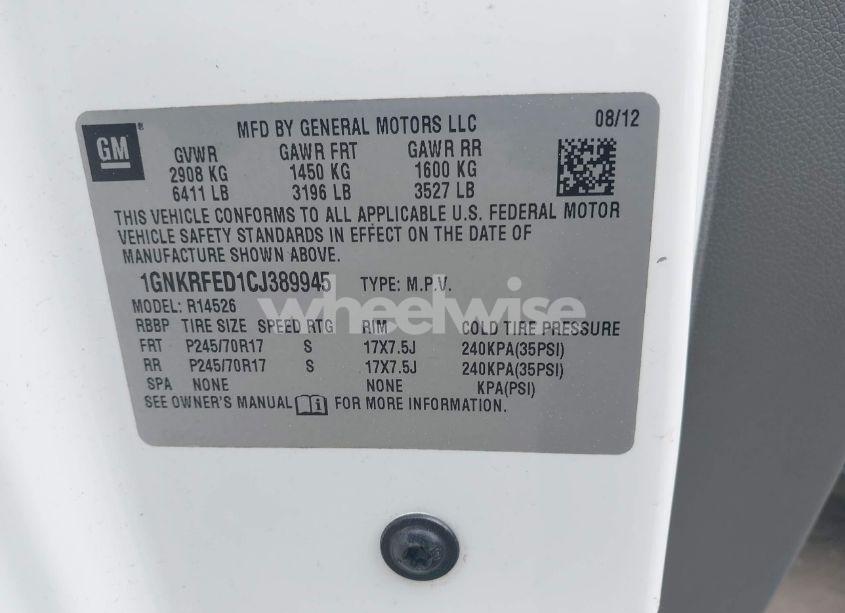 Photo 9 of 2012 Chevrolet Traverse LS (VIN 1GNKRFED1CJ389945)