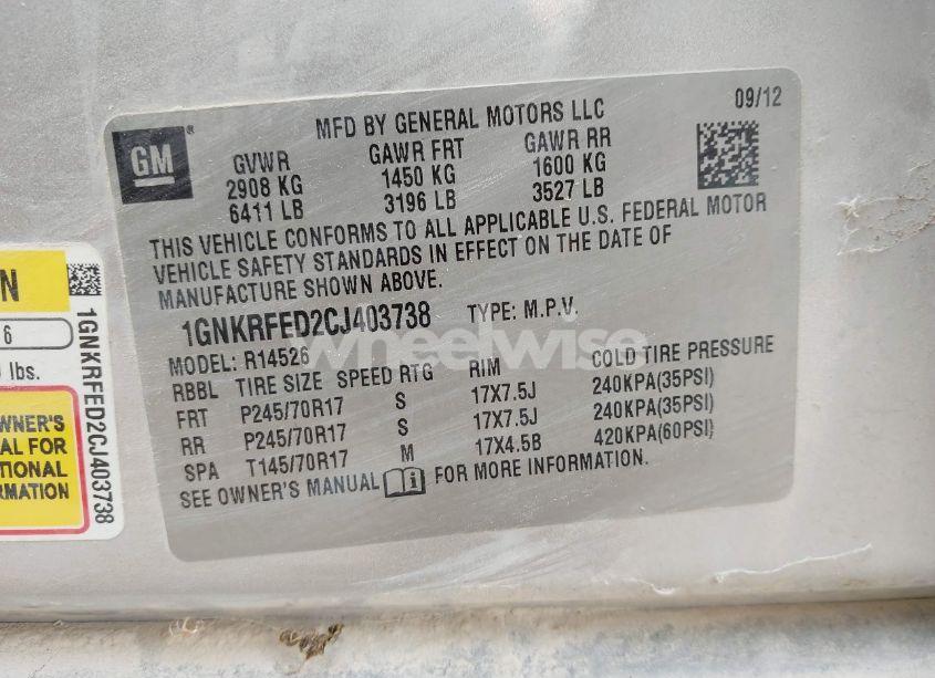 Photo 9 of 2012 Chevrolet Traverse LS (VIN 1GNKRFED2CJ403738)