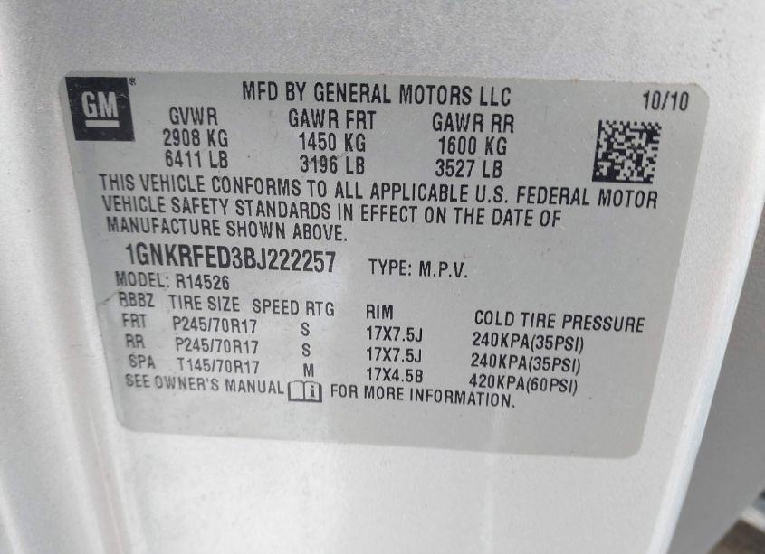 Photo 9 of 2011 Chevrolet Traverse LS (VIN 1GNKRFED3BJ222257)