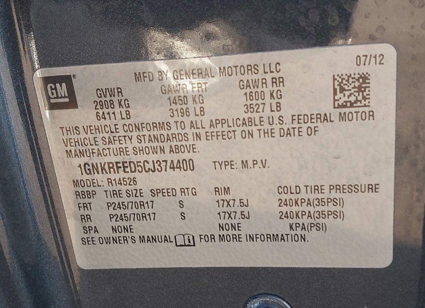 Photo 9 of 2012 Chevrolet Traverse LS (VIN 1GNKRFED5CJ374400)