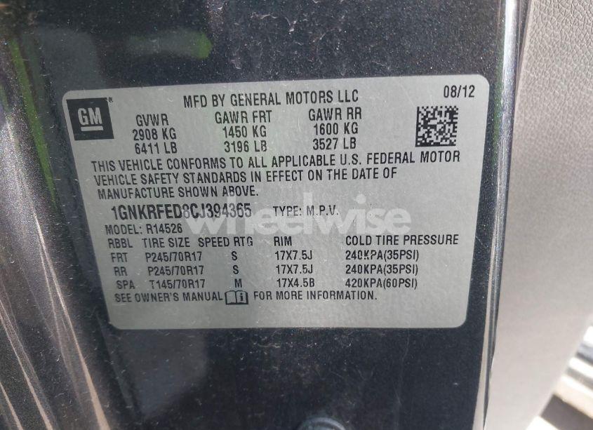 Photo 9 of 2012 Chevrolet Traverse LS (VIN 1GNKRFED8CJ394365)