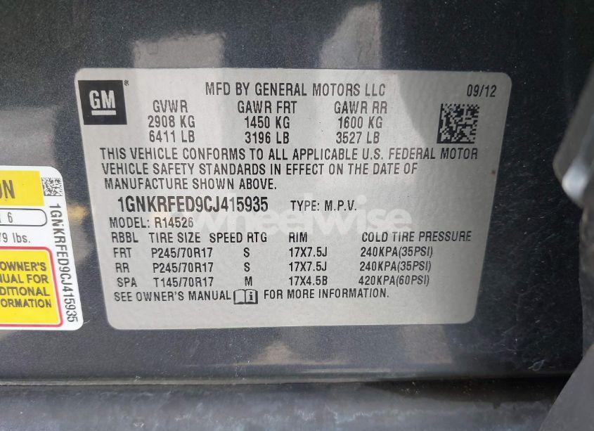 Photo 9 of 2012 Chevrolet Traverse LS (VIN 1GNKRFED9CJ415935)